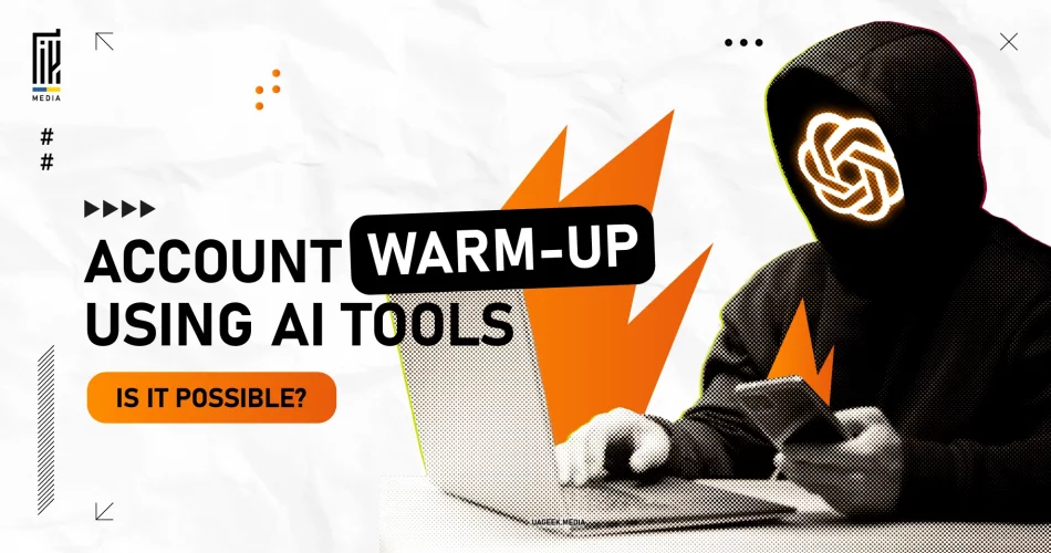 A graphic design featuring a hooded figure with a glowing AI icon as a face, sitting at a laptop and holding a smartphone. The bold text reads "Account Warm-Up Using AI Tools" with the question "Is it possible?" in a black box. Bright orange flames and abstract shapes emphasize the dynamic theme.