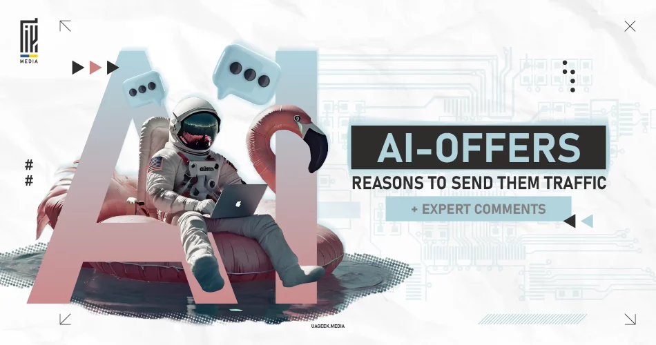 Astronaut working on a laptop while sitting on a flamingo float, surrounded by AI-themed graphics with text 'AI-Offers: Reasons to Send Them Traffic + Expert Comments'.