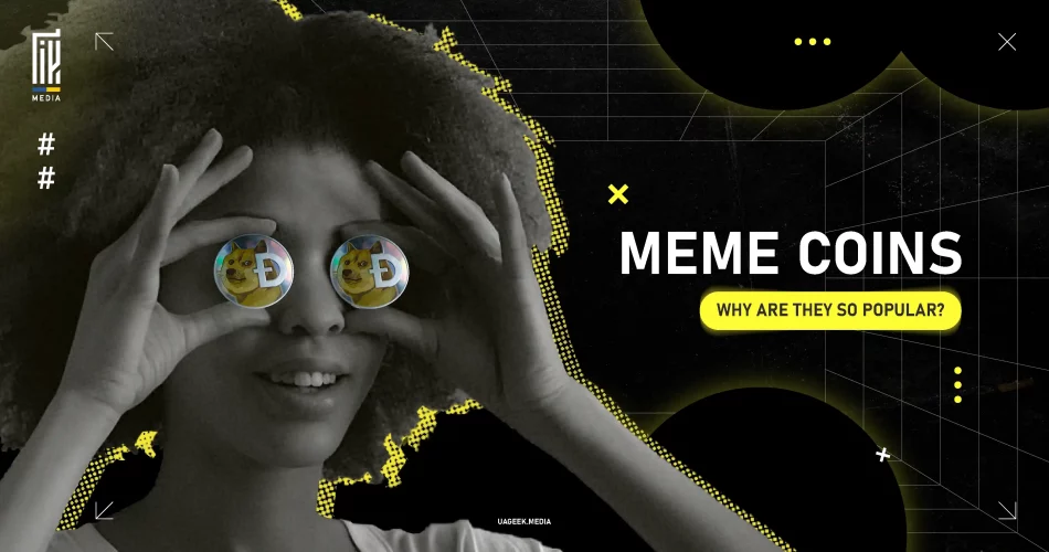 A woman holding Dogecoin tokens over her eyes, representing the popularity of memecoins in cryptocurrency.