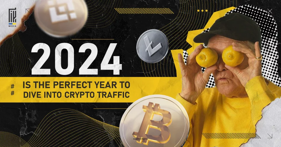 Creative crypto-themed design for 2024 featuring bold text, Bitcoin and Litecoin icons, and a man holding lemons in a quirky pose on a yellow and black background