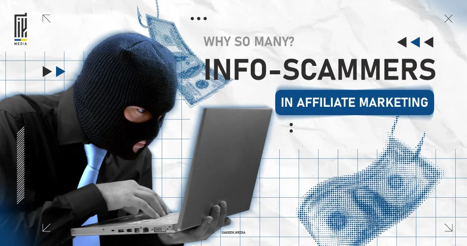 Masked individual using a laptop with dollar bills in the background, highlighting info-scammers in affiliate marketing