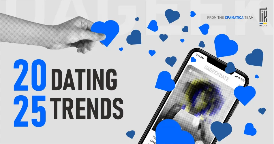 llustration of 2025 dating trends with a hand holding a blue heart and a phone displaying a dating app.