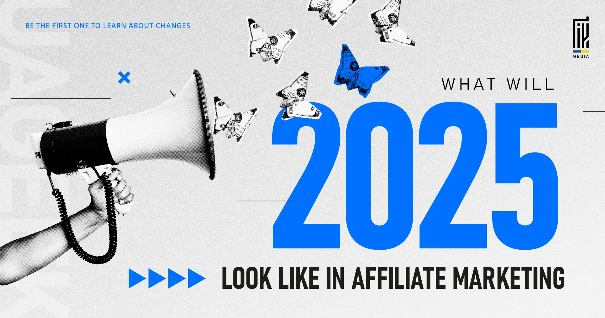 A megaphone releasing flying butterflies made of dollar bills toward bold text “2025,” representing transformation and trends in affiliate marketing.