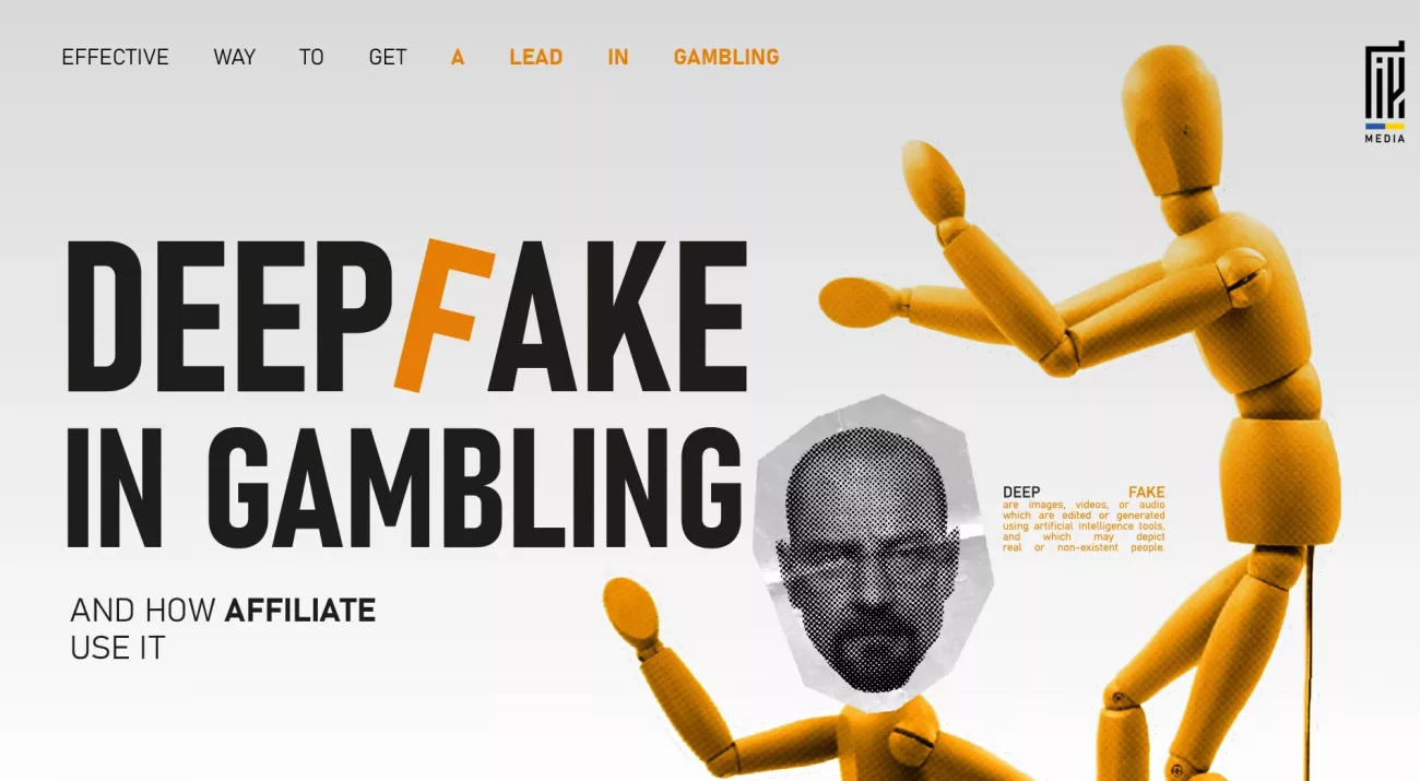 Two wooden mannequins manipulating a paper face of a man, with bold text "Deepfake in Gambling" and the subtitle “An Effective Way to Get a Lead in Gambling.”