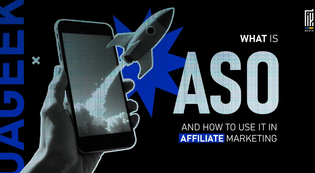 Illustration of a hand holding a smartphone with a rocket launching from the screen, symbolizing ASO (App Store Optimization) growth in affiliate marketing.