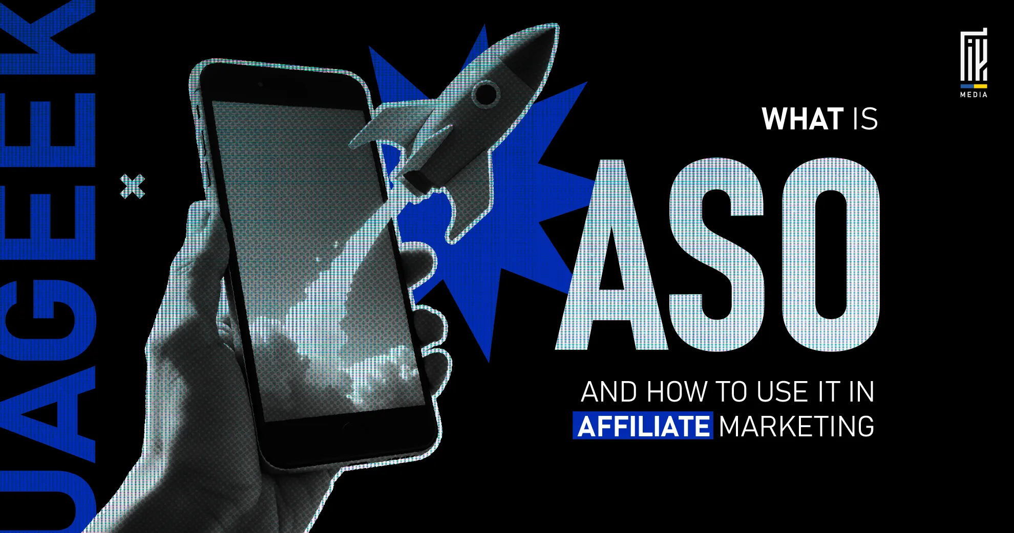 Illustration of a hand holding a smartphone with a rocket launching from the screen, symbolizing ASO (App Store Optimization) growth in affiliate marketing.