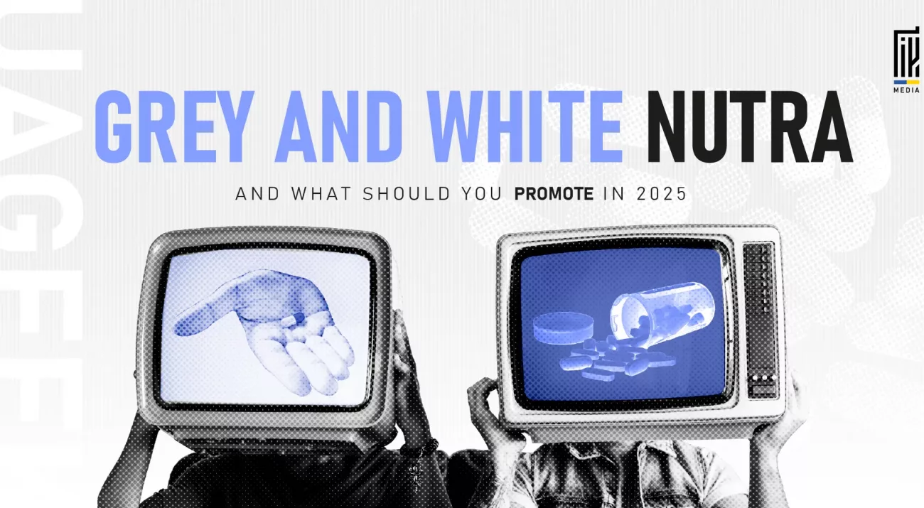 Two people with TV heads showing supplements, representing grey and white nutra promotion in 2025