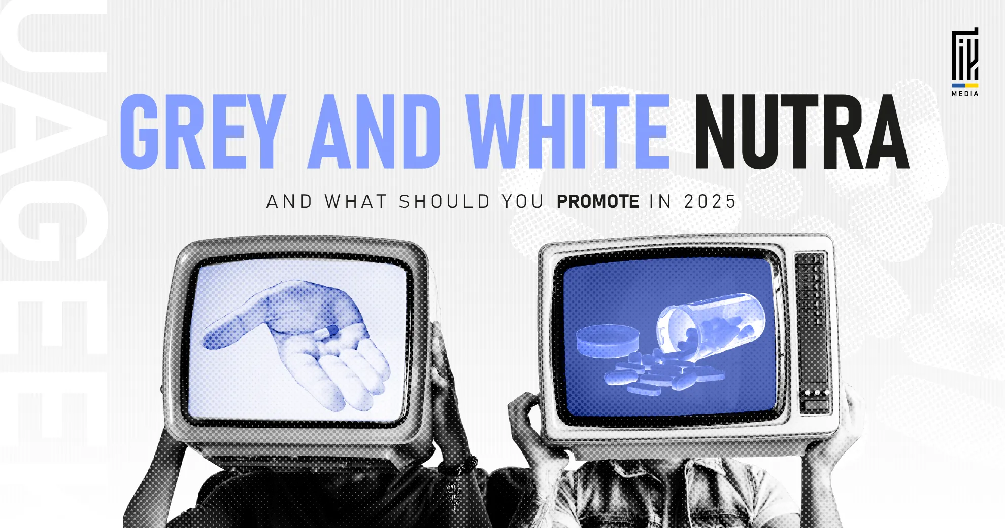 Two people with TV heads showing supplements, representing grey and white nutra promotion in 2025