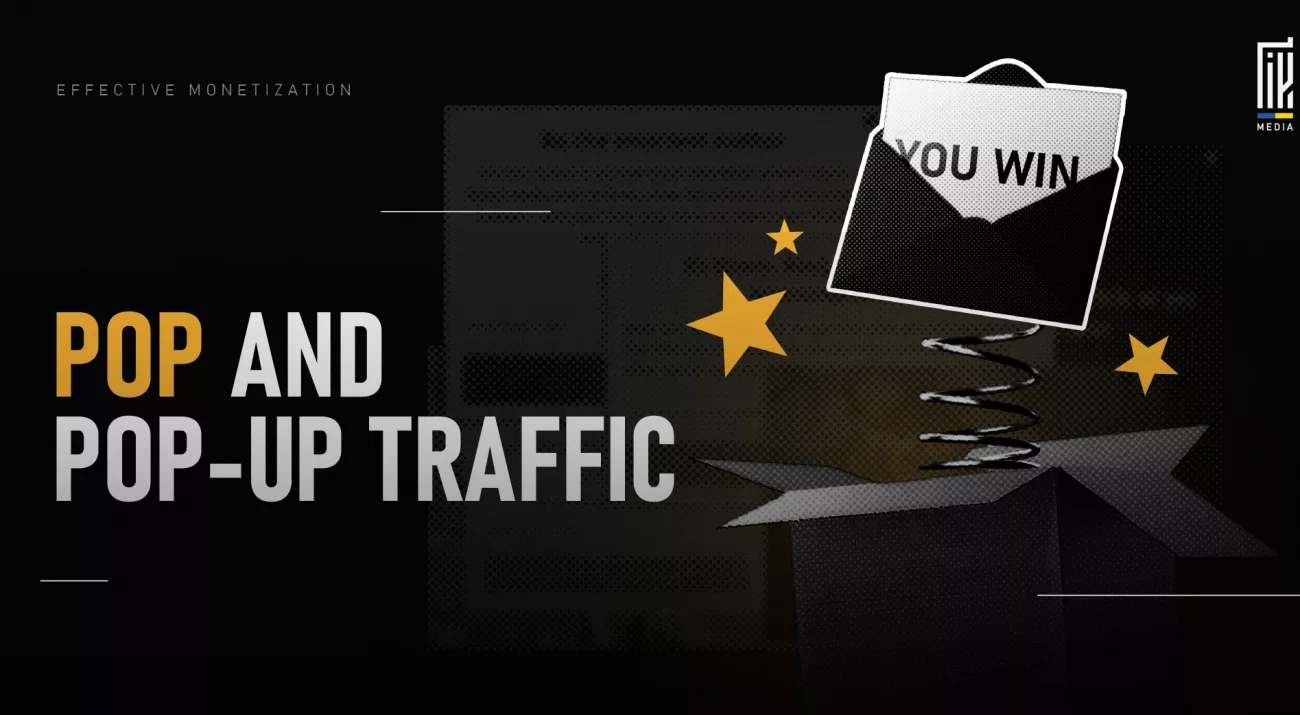 Dark-themed banner with a “You Win” message popping out of a box, accompanied by gold stars and bold text about Pop and Pop-Up Traffic monetization.