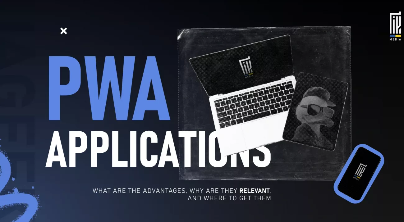 Top view of a laptop and mobile phone displaying the UAGeek Media logo with the headline “PWA Applications – What are the advantages, why are they relevant, and where to get them.”