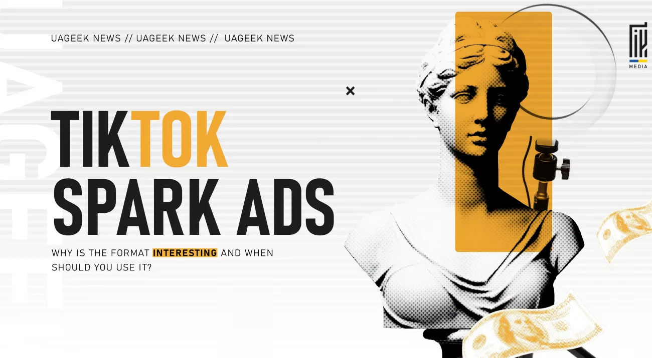 Stylized image of a classical sculpture with a camera setup, dollar bills, and the headline “TikTok Spark Ads – Why is the format interesting and when should you use it?”