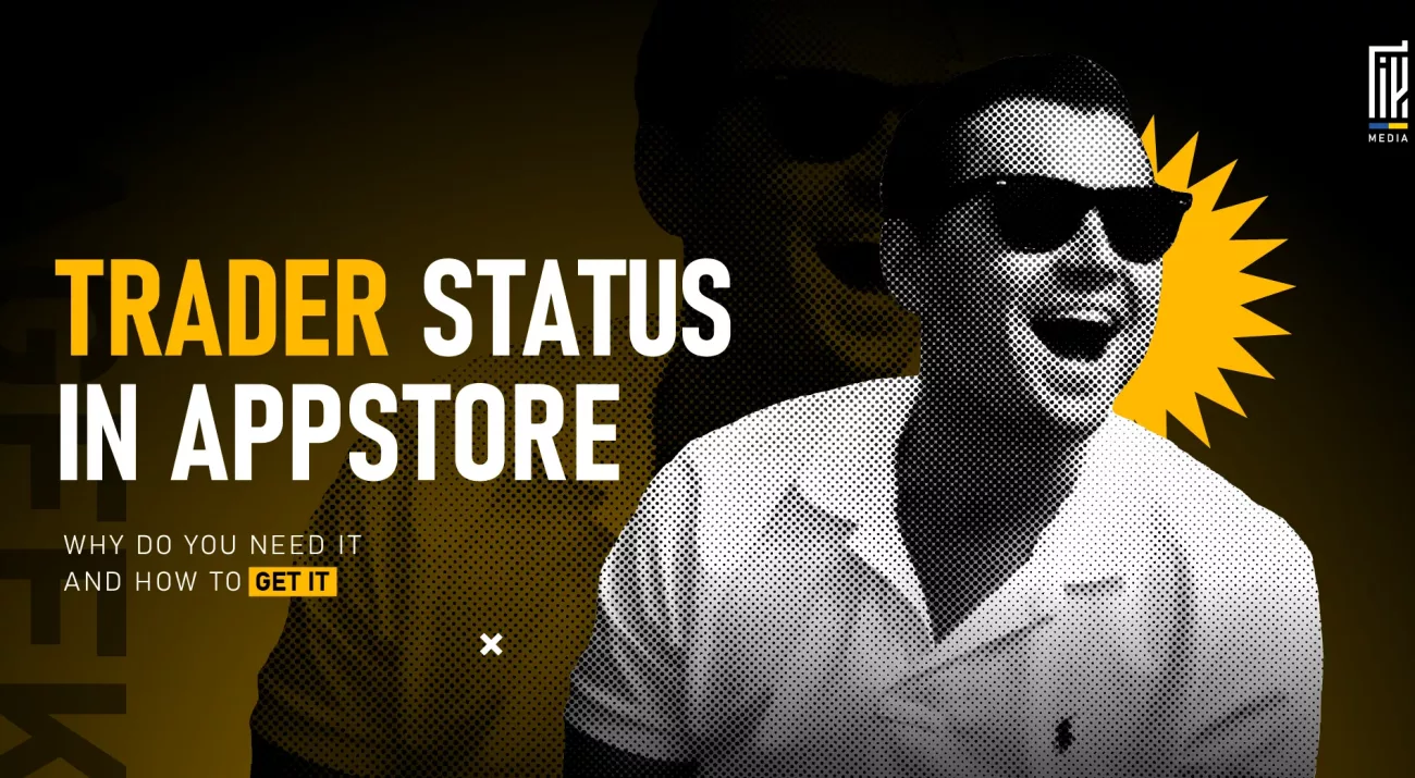 "Smiling man in sunglasses with yellow burst background next to text about gaining Trader Status in App Store"