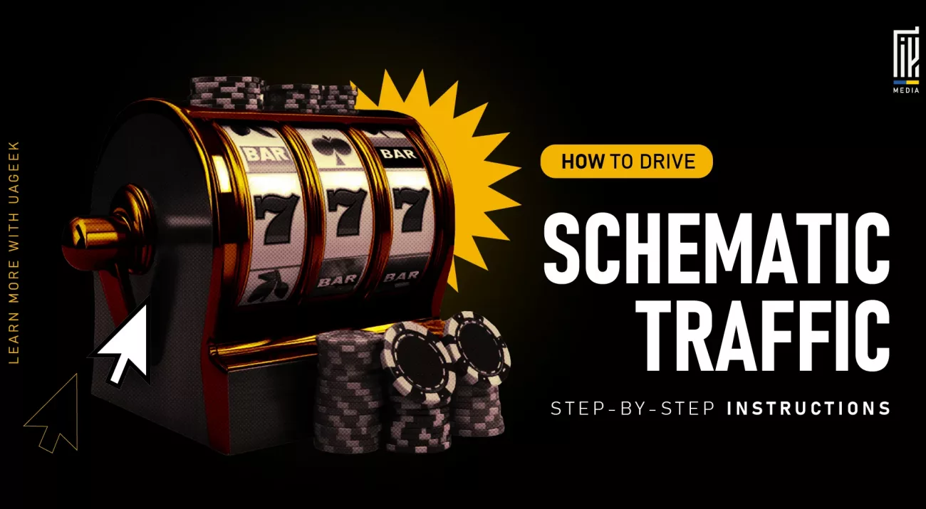A golden slot machine showing triple 7s with poker chips and a large arrow cursor, illustrating the concept of driving schematic traffic in gambling promotion.