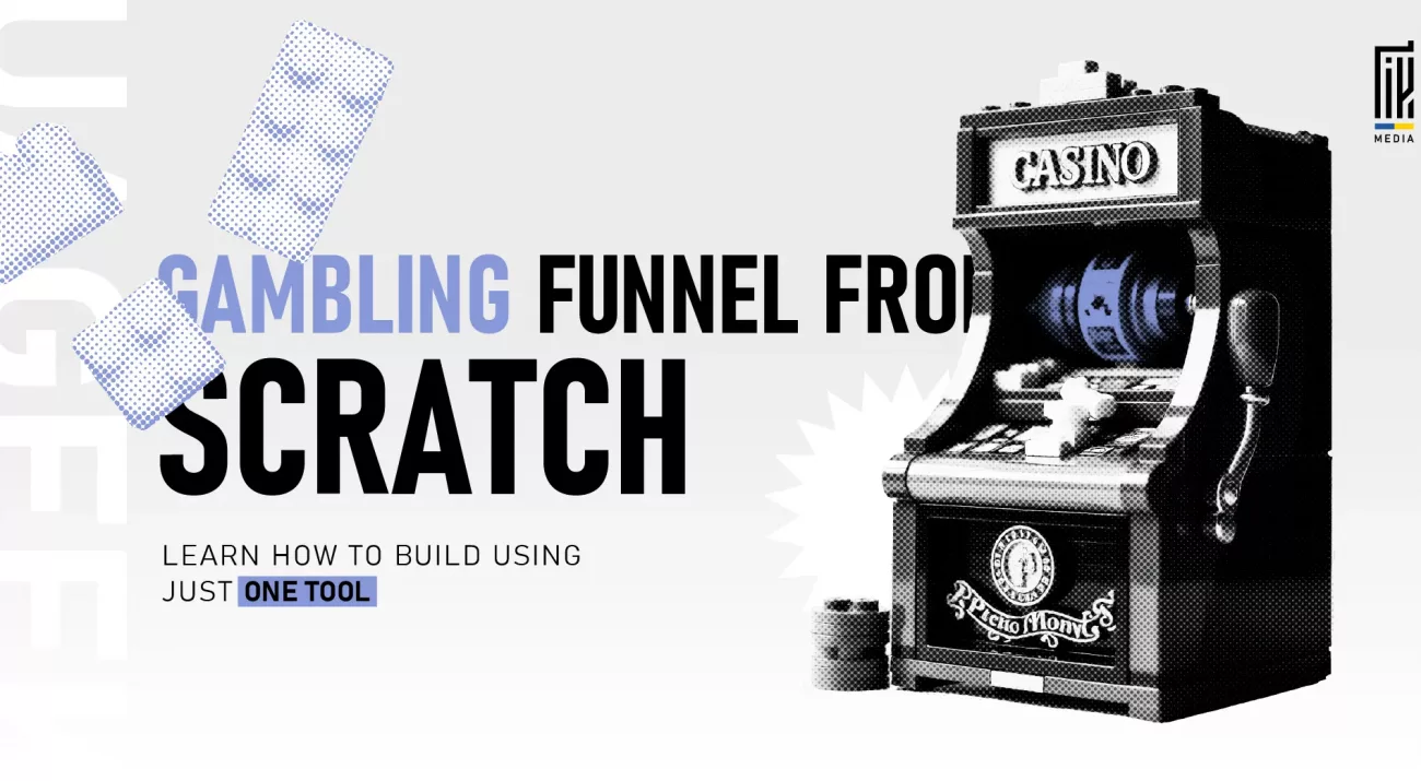 Slot machine with chips and cards flying, accompanied by the text “Gambling Funnel from Scratch – Learn how to build using just one tool.”