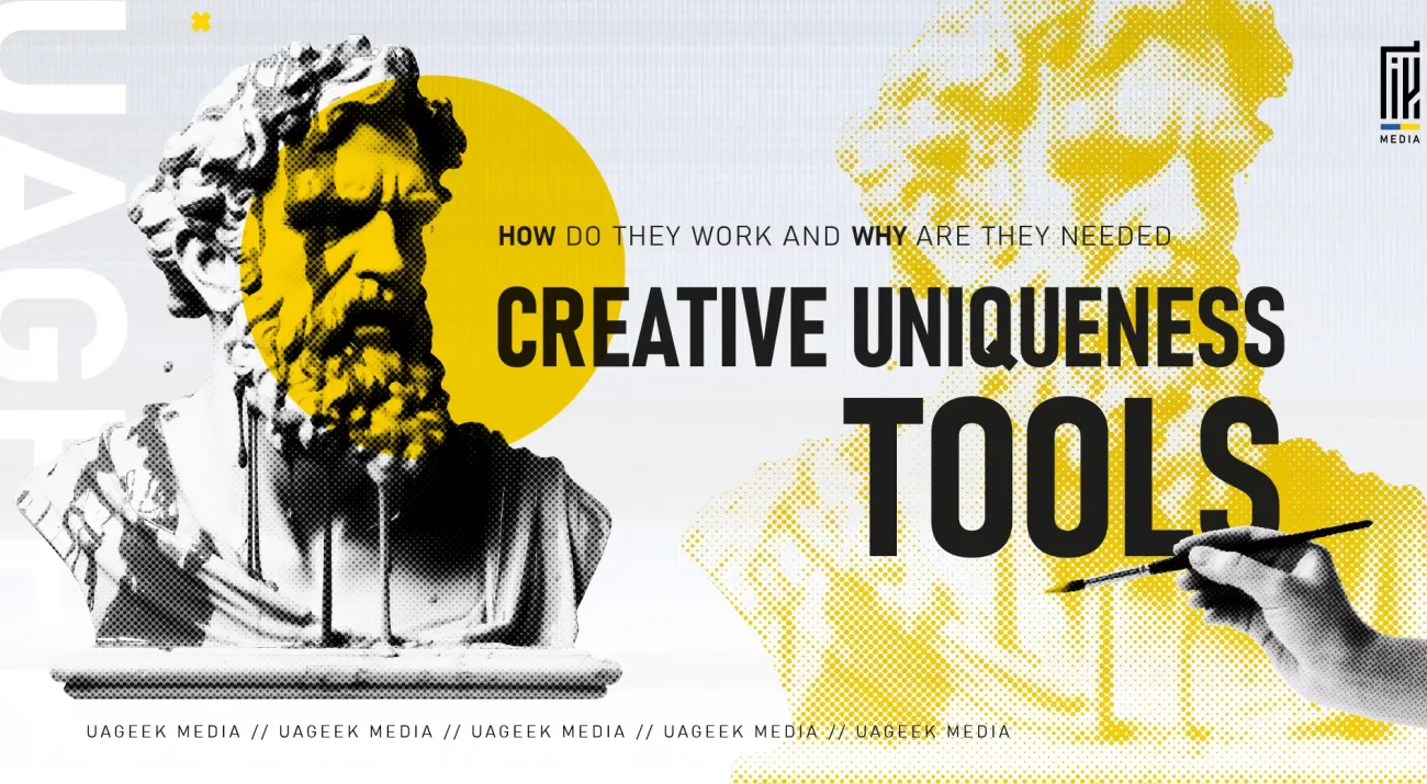 A classical statue with a painted yellow background and a hand holding a brush, representing creativity tools. Text reads: “Creative Uniqueness Tools – How Do They Work and Why Are They Needed.”