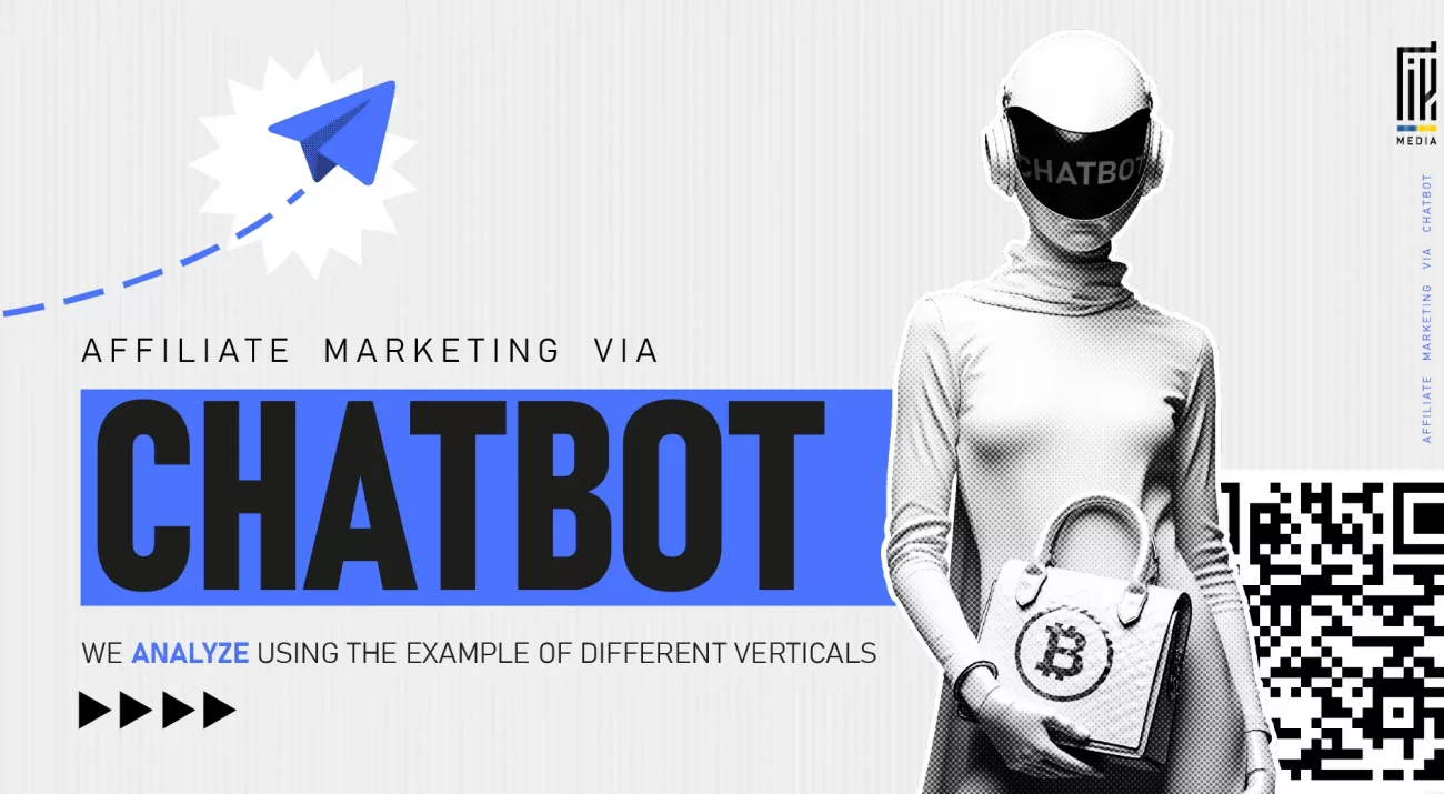 Futuristic humanoid figure with a “CHATBOT” helmet holding a crypto-branded handbag, alongside the text "Affiliate Marketing via Chatbot" and a visible QR code.