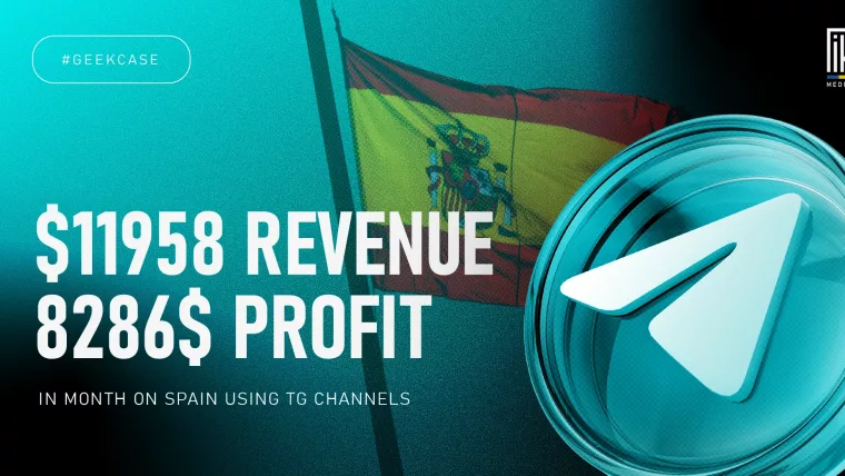"Telegram logo with Spanish flag background showing affiliate revenue and profit stats"