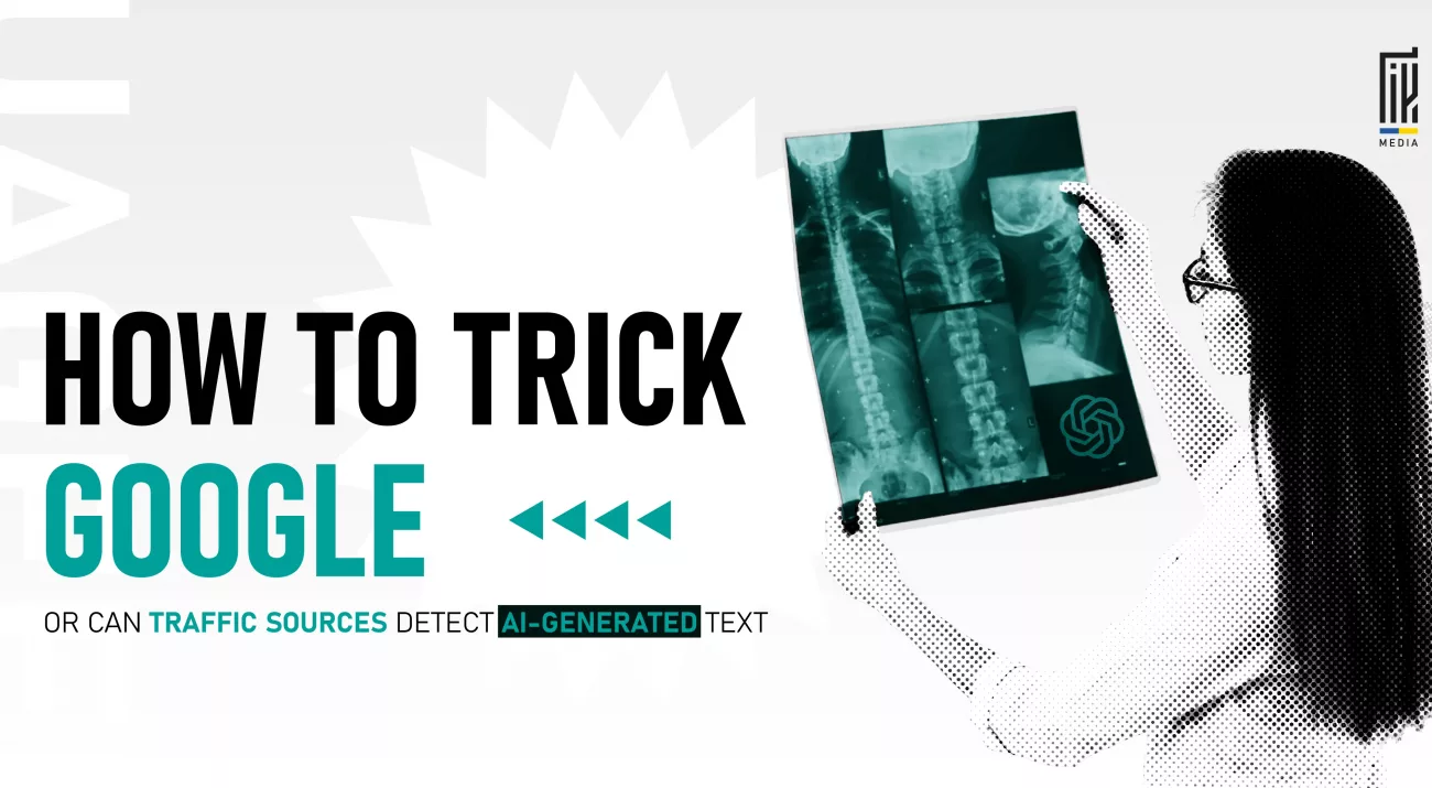 A woman examines an X-ray image containing the ChatGPT logo, with the headline 'How to Trick Google' about detecting AI-generated content