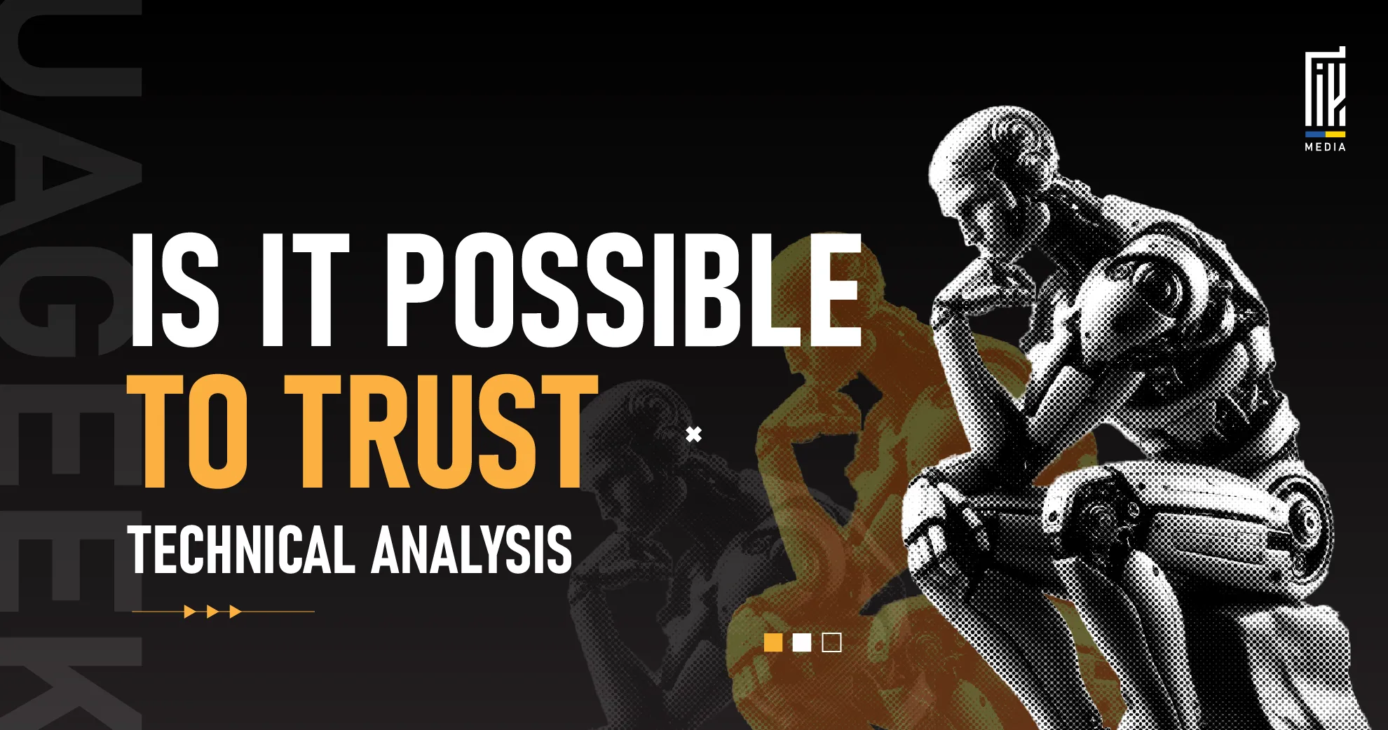 Robot version of The Thinker statue contemplating data, symbolizing trust in technical analysis