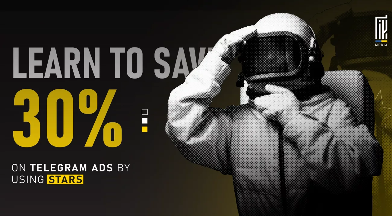 A person in a space suit saluting, with bold text stating “Learn to Save 30% on Telegram Ads by Using Stars” over a dark yellow and black background.