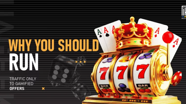 Golden slot machine with poker cards and dice promoting gamified affiliate offers for traffic monetization