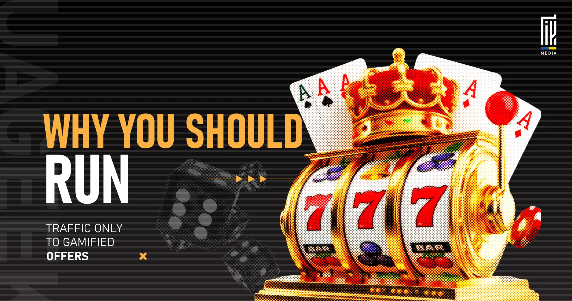 Golden slot machine with poker cards and dice promoting gamified affiliate offers for traffic monetization