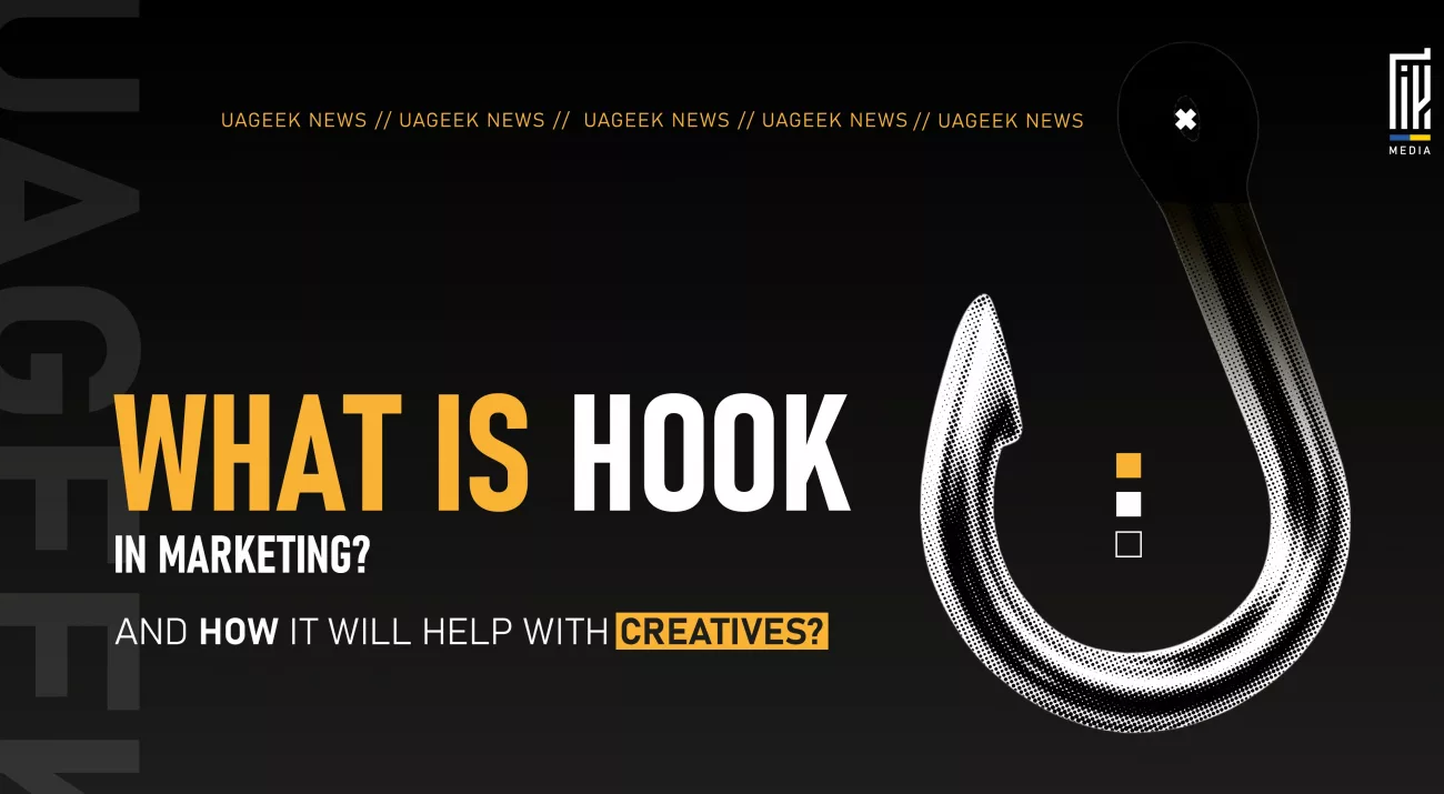 Marketing hook concept illustrated with a large fish hook and text explaining its role in creatives