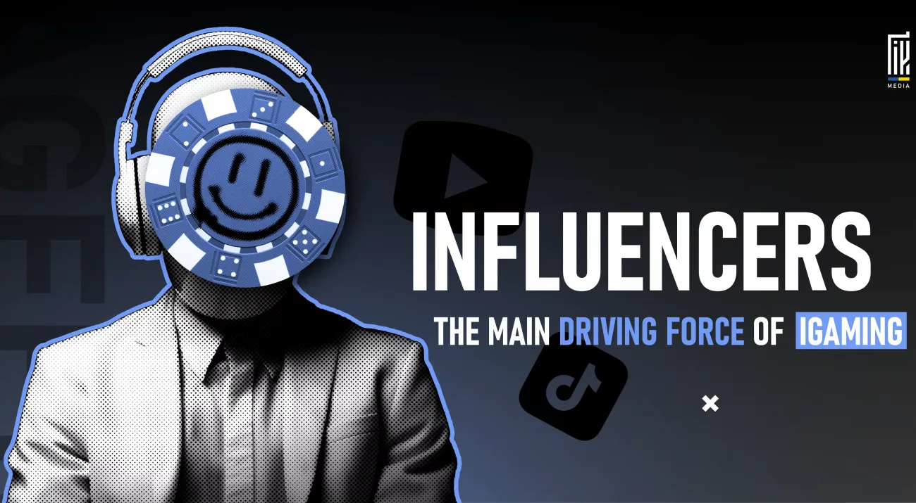 Illustration of an influencer with a casino chip face, headphones, and digital icons representing YouTube and TikTok in the context of iGaming marketing