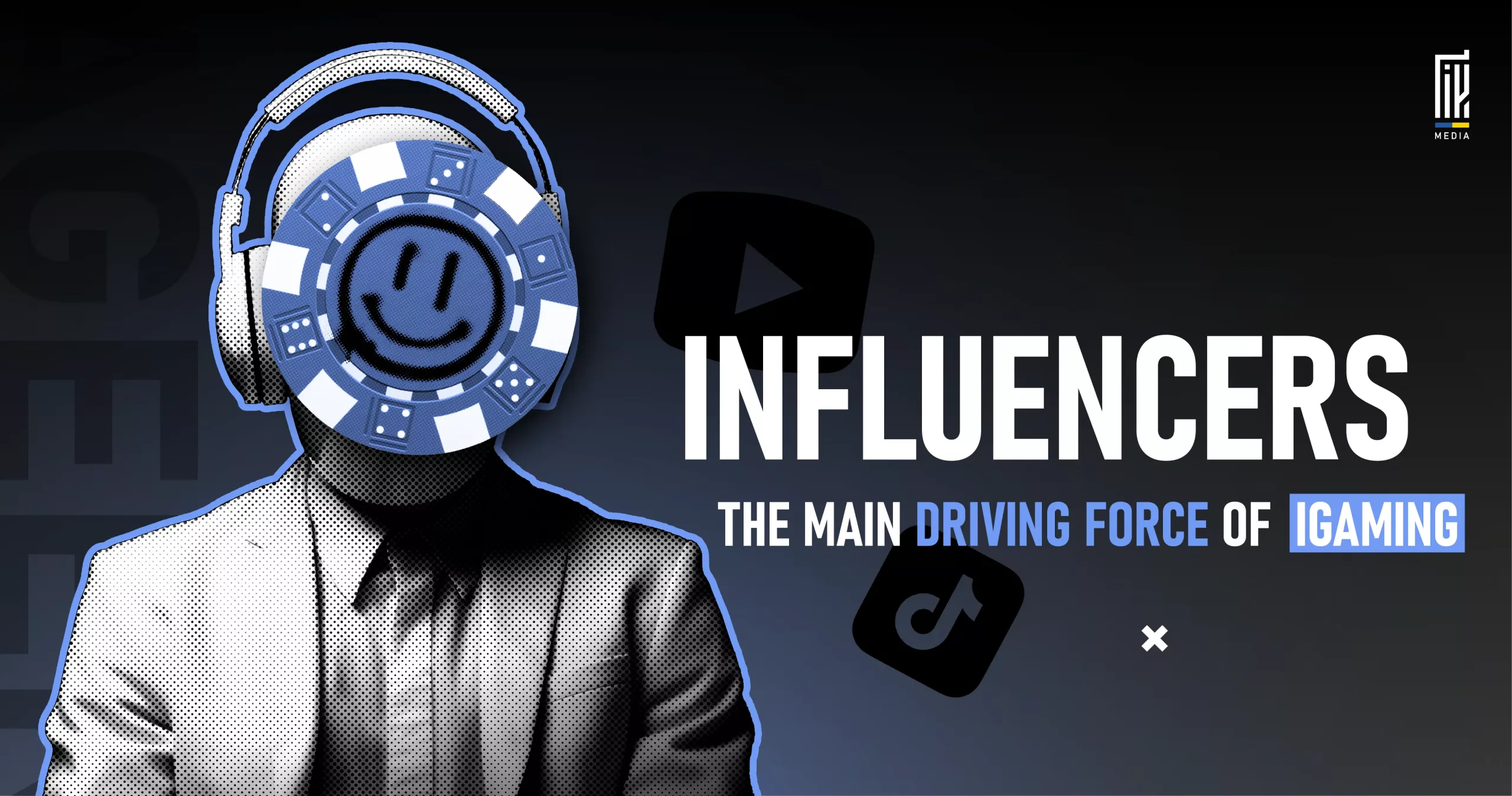Illustration of an influencer with a casino chip face, headphones, and digital icons representing YouTube and TikTok in the context of iGaming marketing