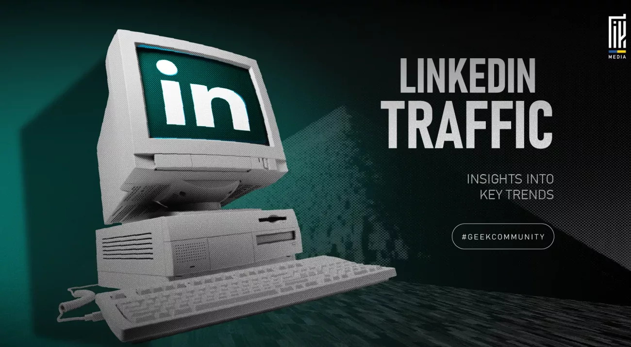 "Retro computer displaying LinkedIn logo, representing traffic and trends on LinkedIn"