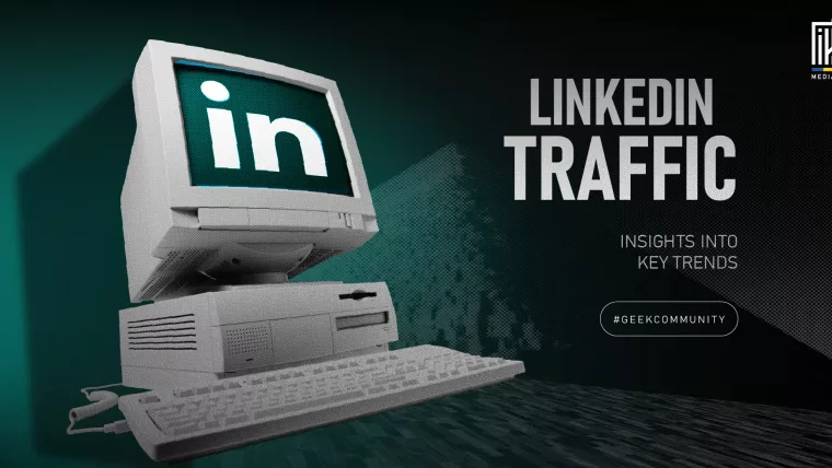 "Retro computer displaying LinkedIn logo, representing traffic and trends on LinkedIn"