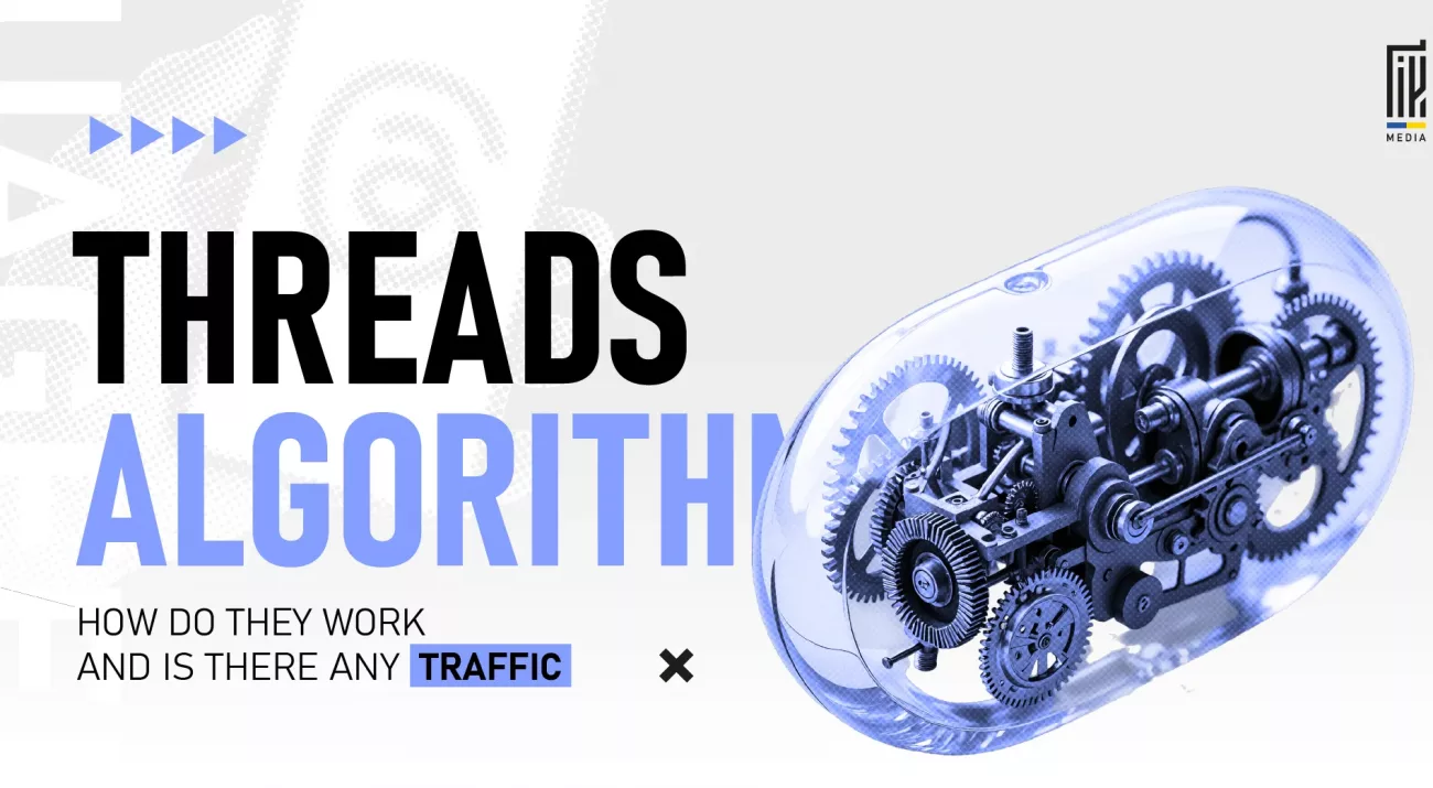Illustration of mechanical gears inside a capsule representing Threads algorithm, with text 'Threads Algorithm: How do they work and is there any traffic
