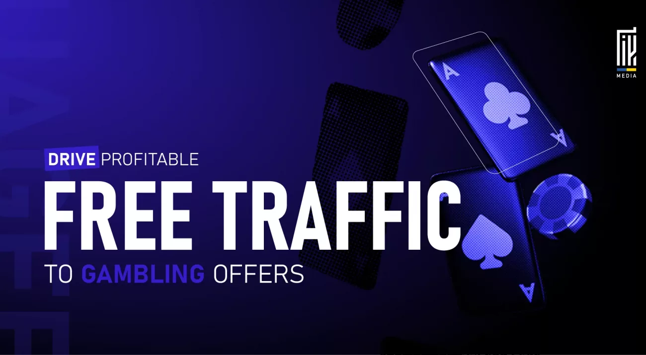 Dark-themed banner with flying playing cards and poker chips, featuring the text 'Drive Profitable Free Traffic to Gambling Offers
