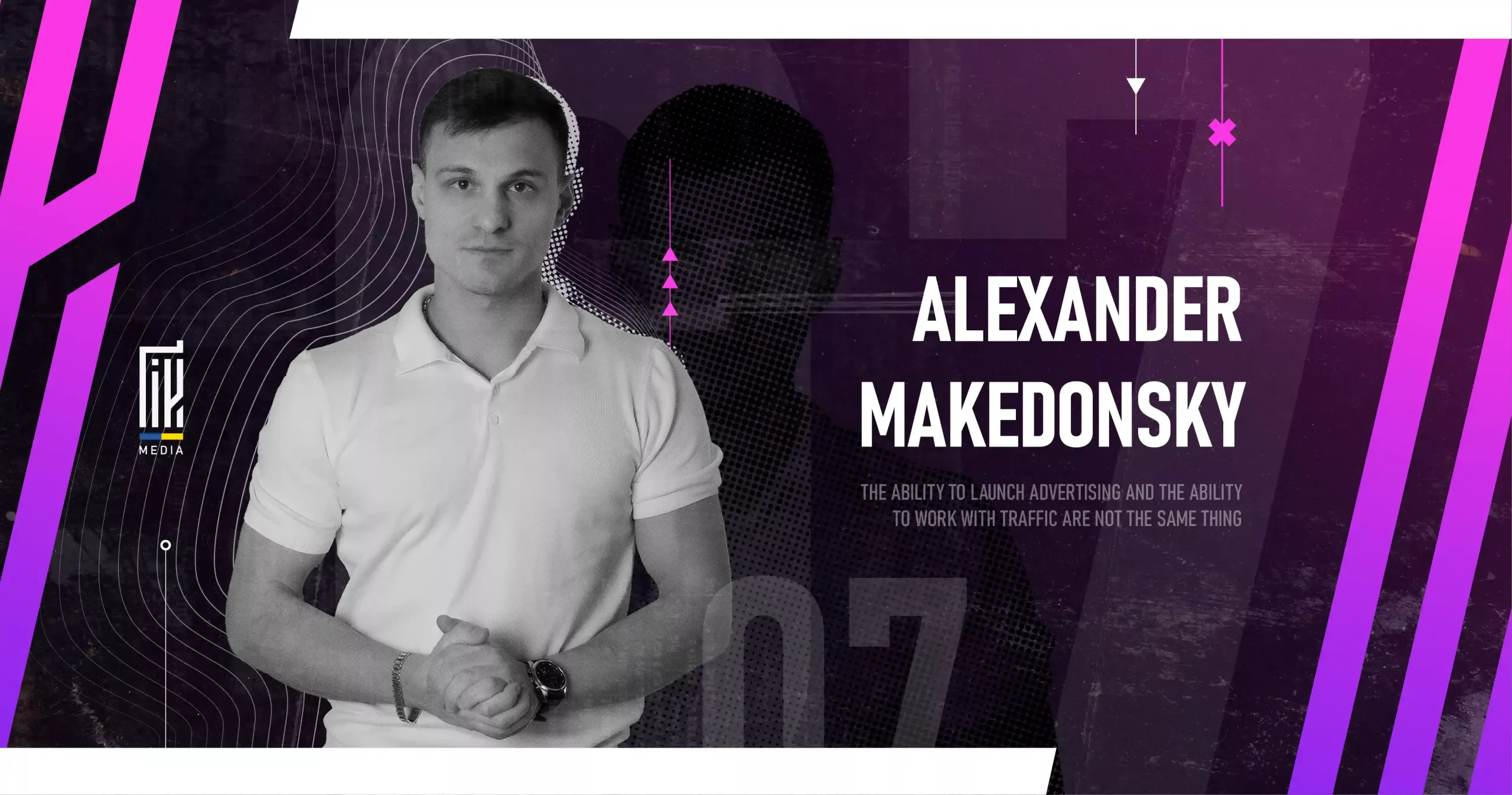 Interview banner featuring Alexander Makedonsky with a quote about advertising and traffic management on a purple gradient background