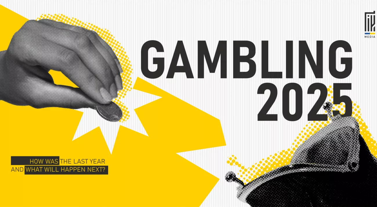 Collage-style banner with a hand dropping a coin into a vintage wallet, alongside bold text “Gambling 2025” and the question: “How was the last year and what will happen next?”
