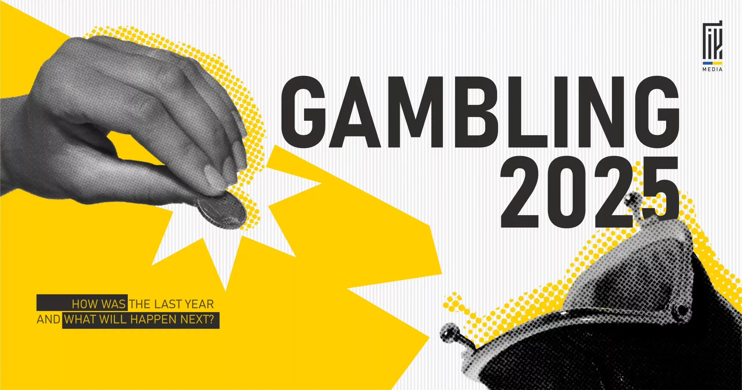 Collage-style banner with a hand dropping a coin into a vintage wallet, alongside bold text “Gambling 2025” and the question: “How was the last year and what will happen next?”