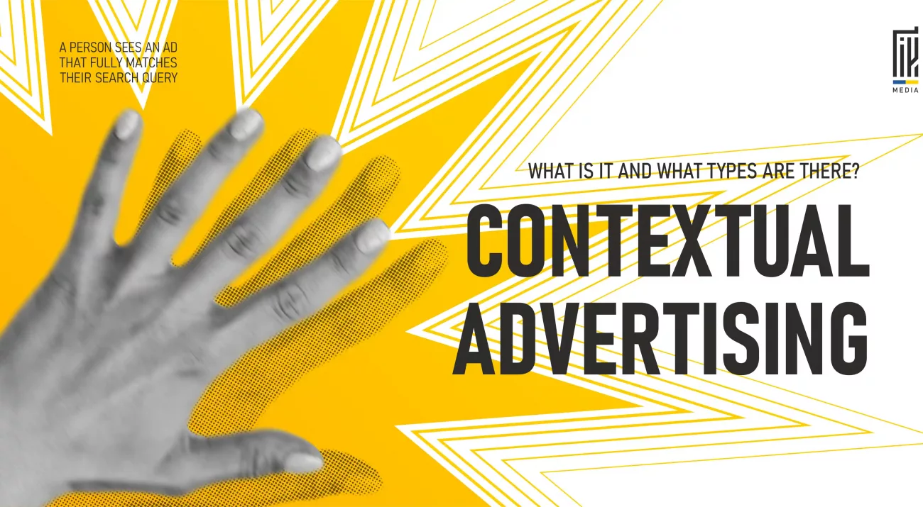 A hand reaching across a yellow geometric background with bold text “Contextual Advertising” and a description: “A person sees an ad that fully matches their search query.”