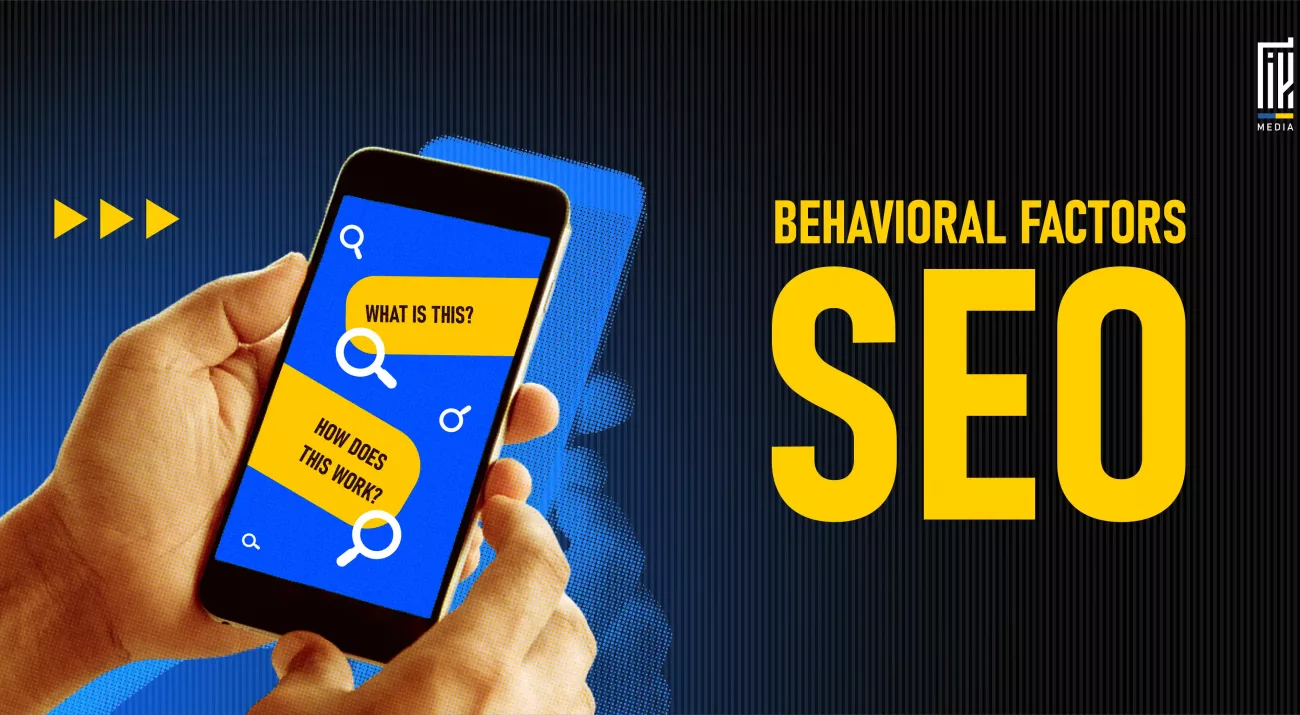 A hand holding a smartphone displaying search queries like “What is this?” and “How does this work?”, with the bold text “Behavioral Factors SEO” on a dark striped background.