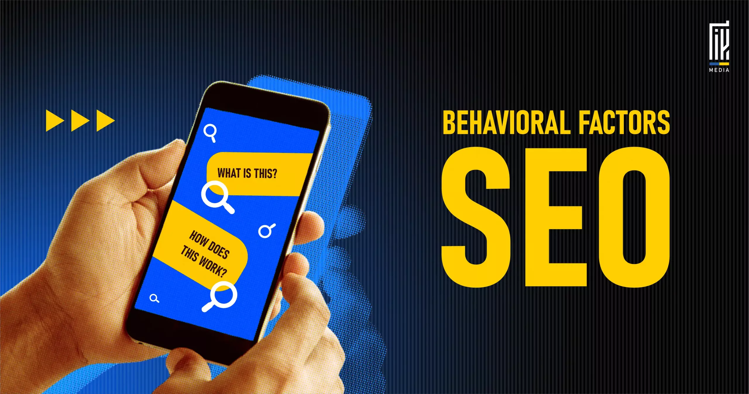 A hand holding a smartphone displaying search queries like “What is this?” and “How does this work?”, with the bold text “Behavioral Factors SEO” on a dark striped background.