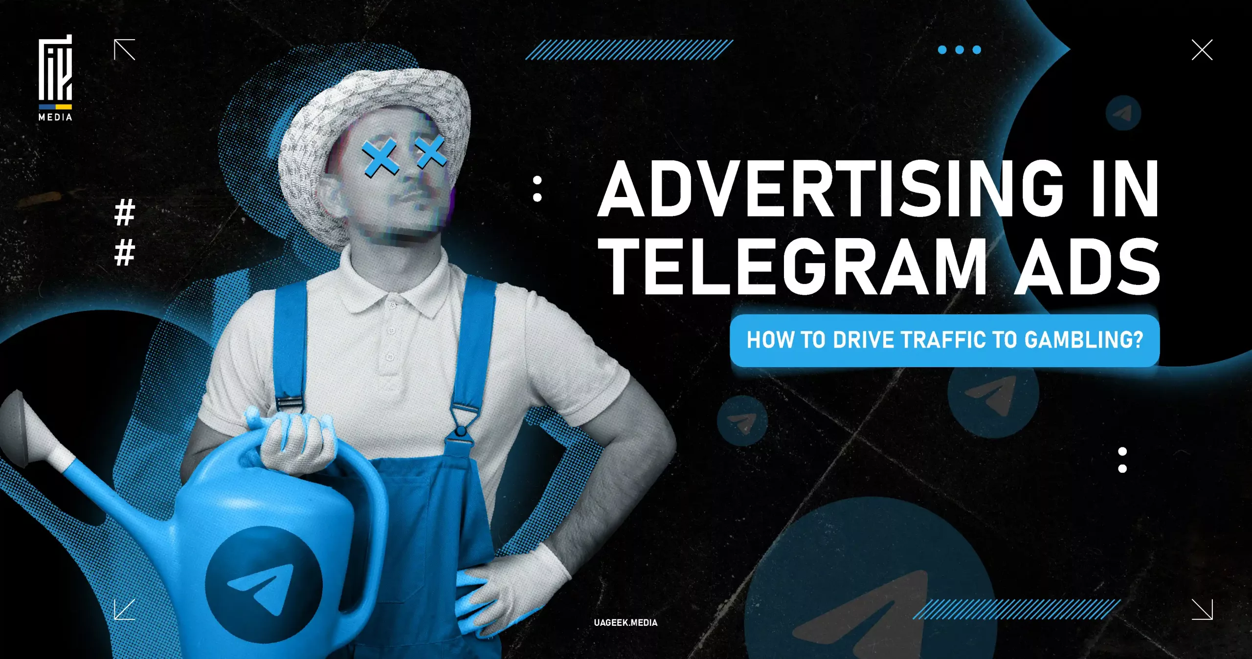 Stylized farmer character holding a Telegram-branded watering can, with text promoting Telegram Ads and traffic strategies for gambling campaigns.