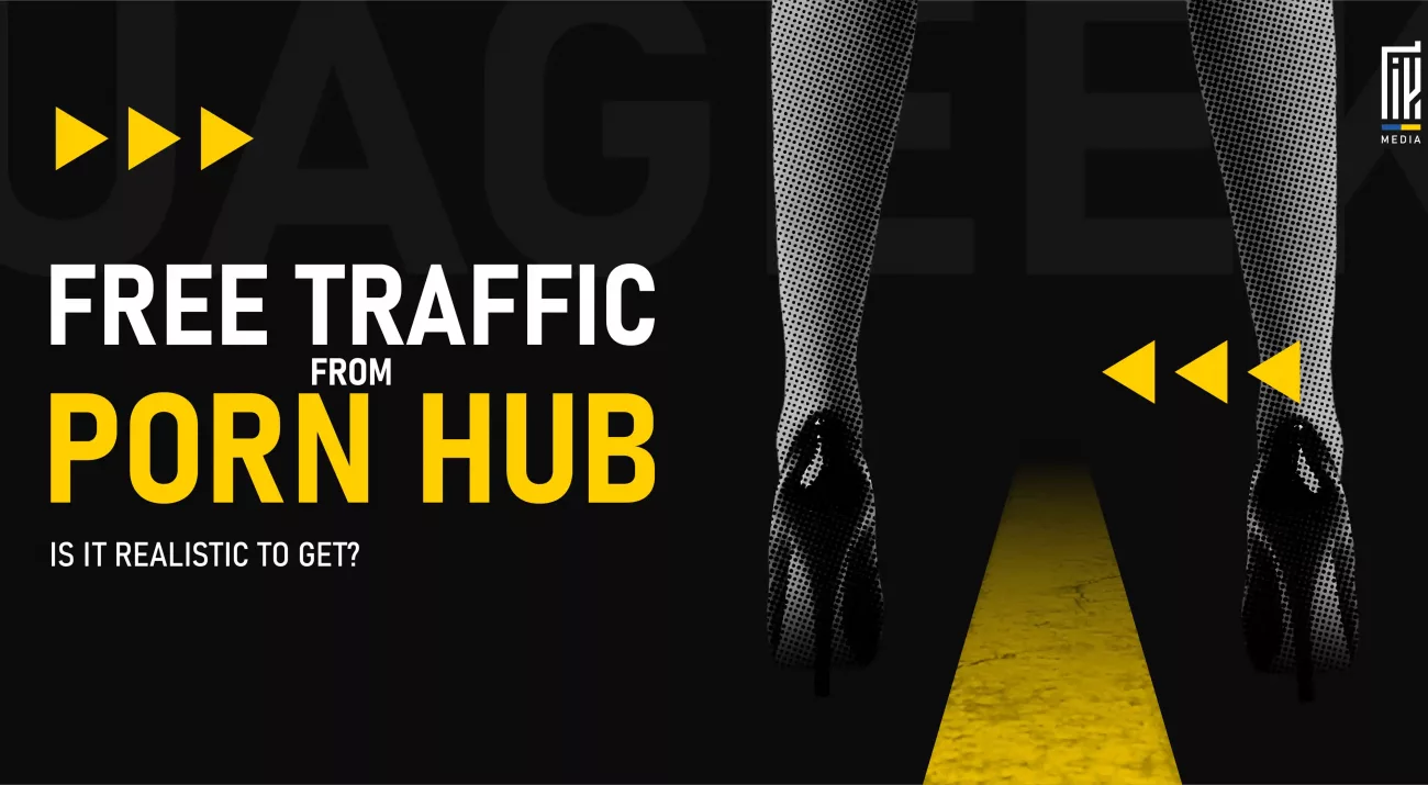 Stylized image of a person in high heels walking down a yellow-striped road, with bold text asking if free traffic from Pornhub is realistic.