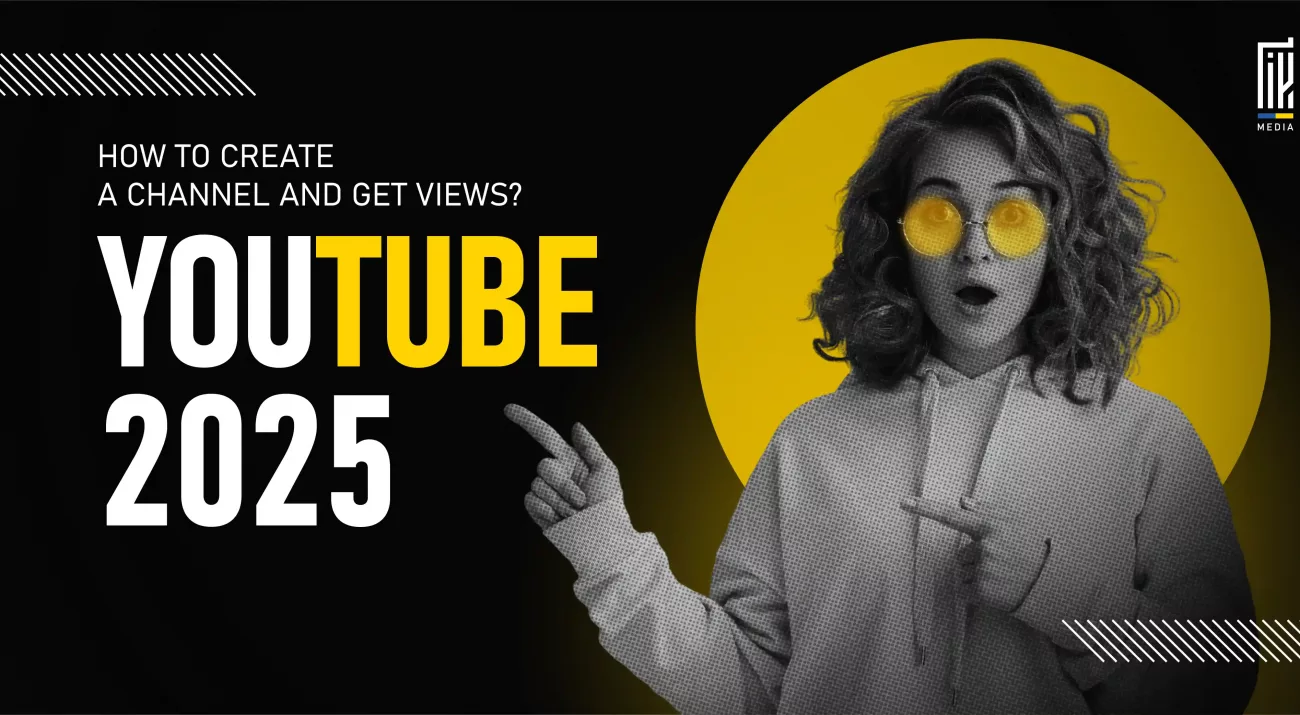Surprised woman in yellow sunglasses pointing at YouTube 2025 headline on black background — how to start a channel and gain views