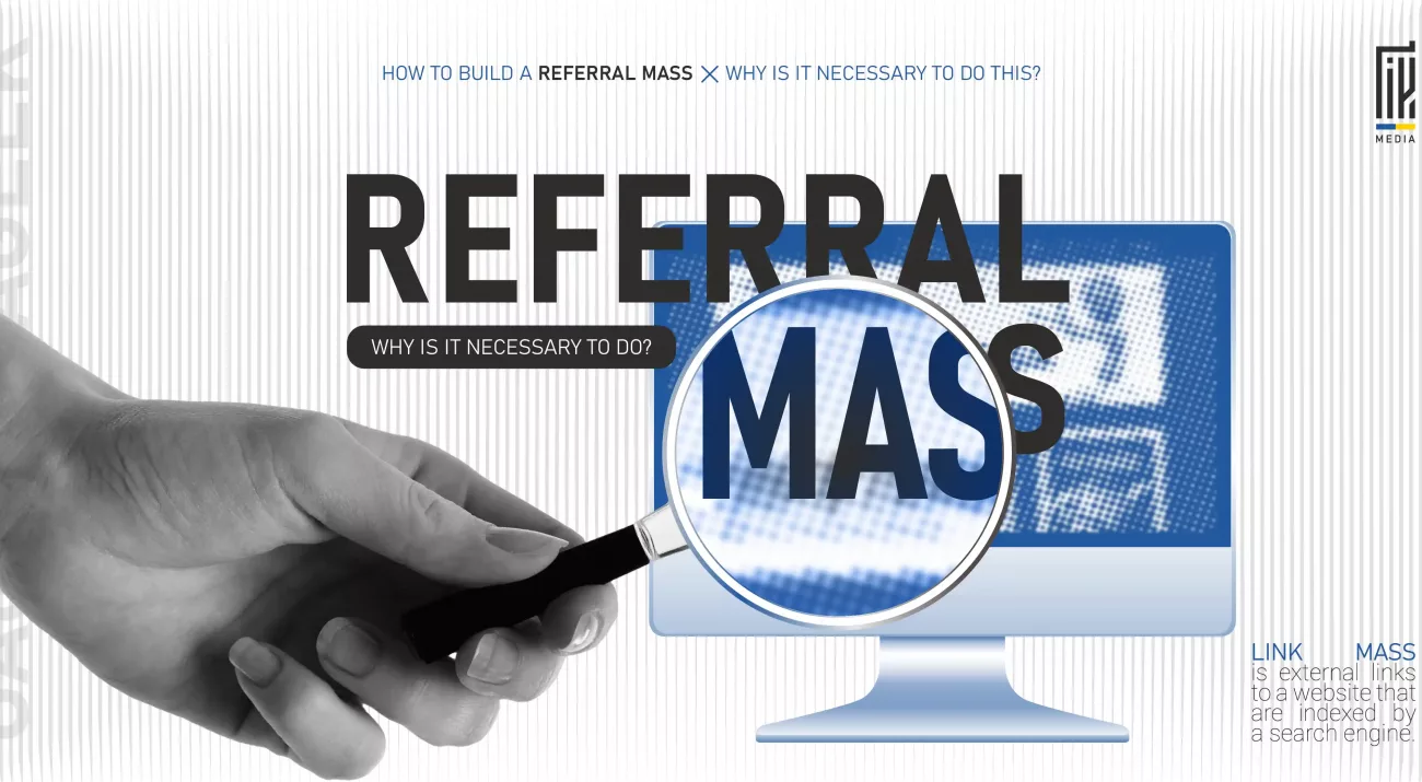 A hand holding a magnifying glass focusing on the word “MASS” on a computer screen, highlighting the concept of referral mass (link building) for SEO.