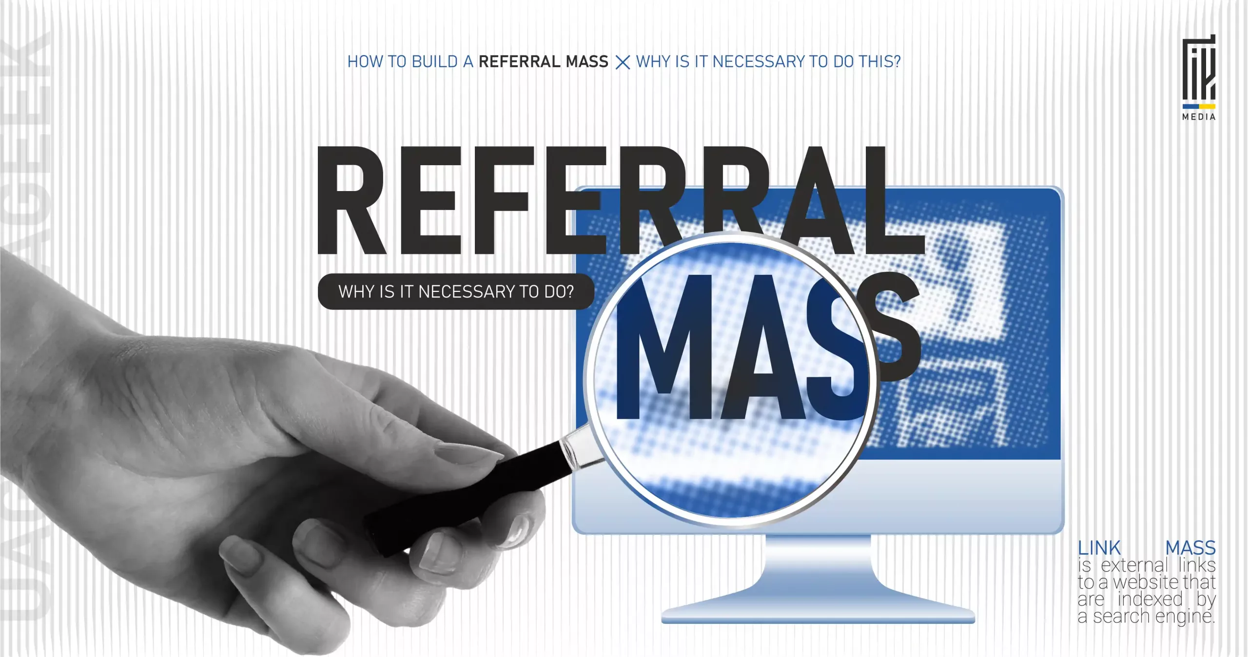 A hand holding a magnifying glass focusing on the word “MASS” on a computer screen, highlighting the concept of referral mass (link building) for SEO.
