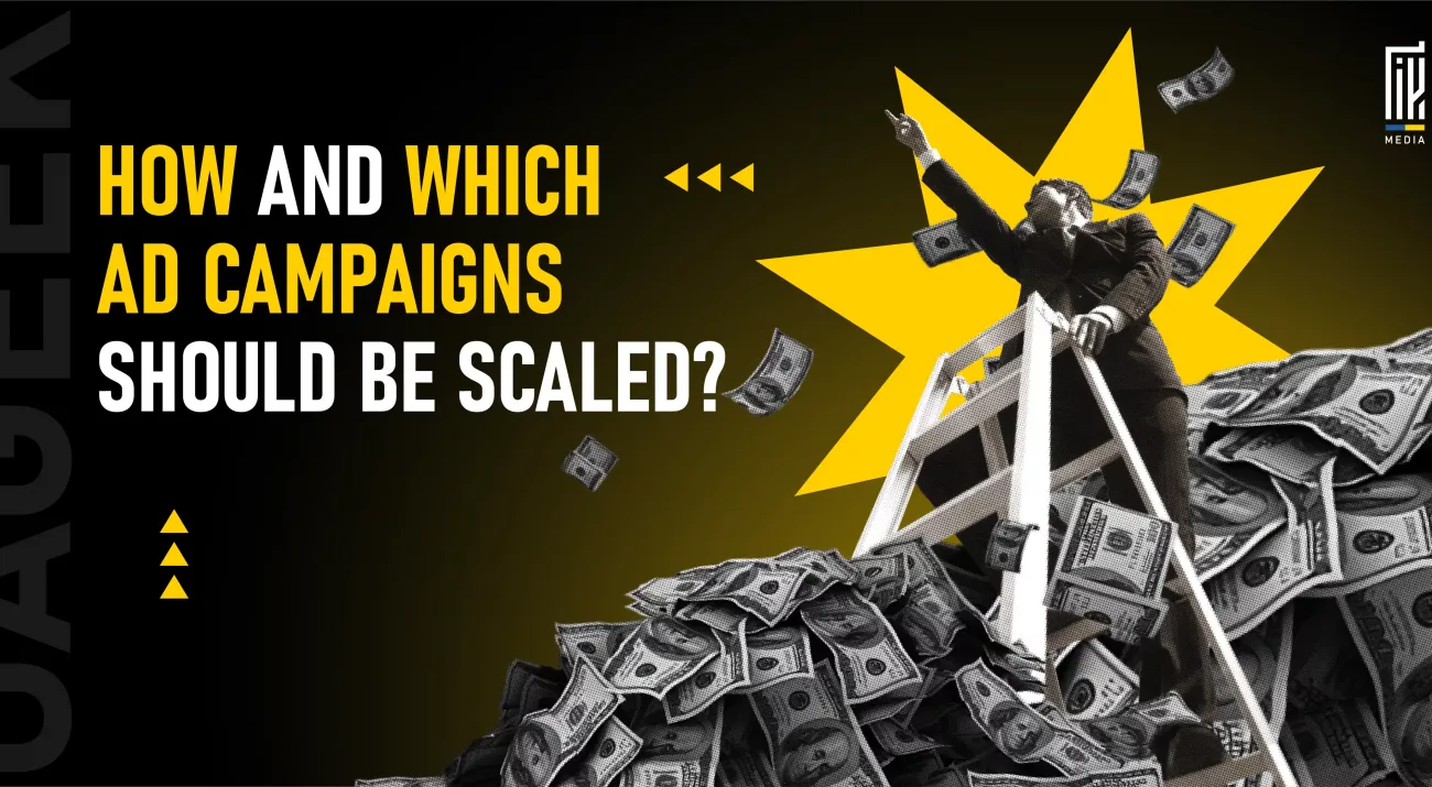 A businessman climbing a ladder on top of a pile of dollar bills, pointing upward, with the headline “How and Which Ad Campaigns Should Be Scaled?” in bold yellow and white text.