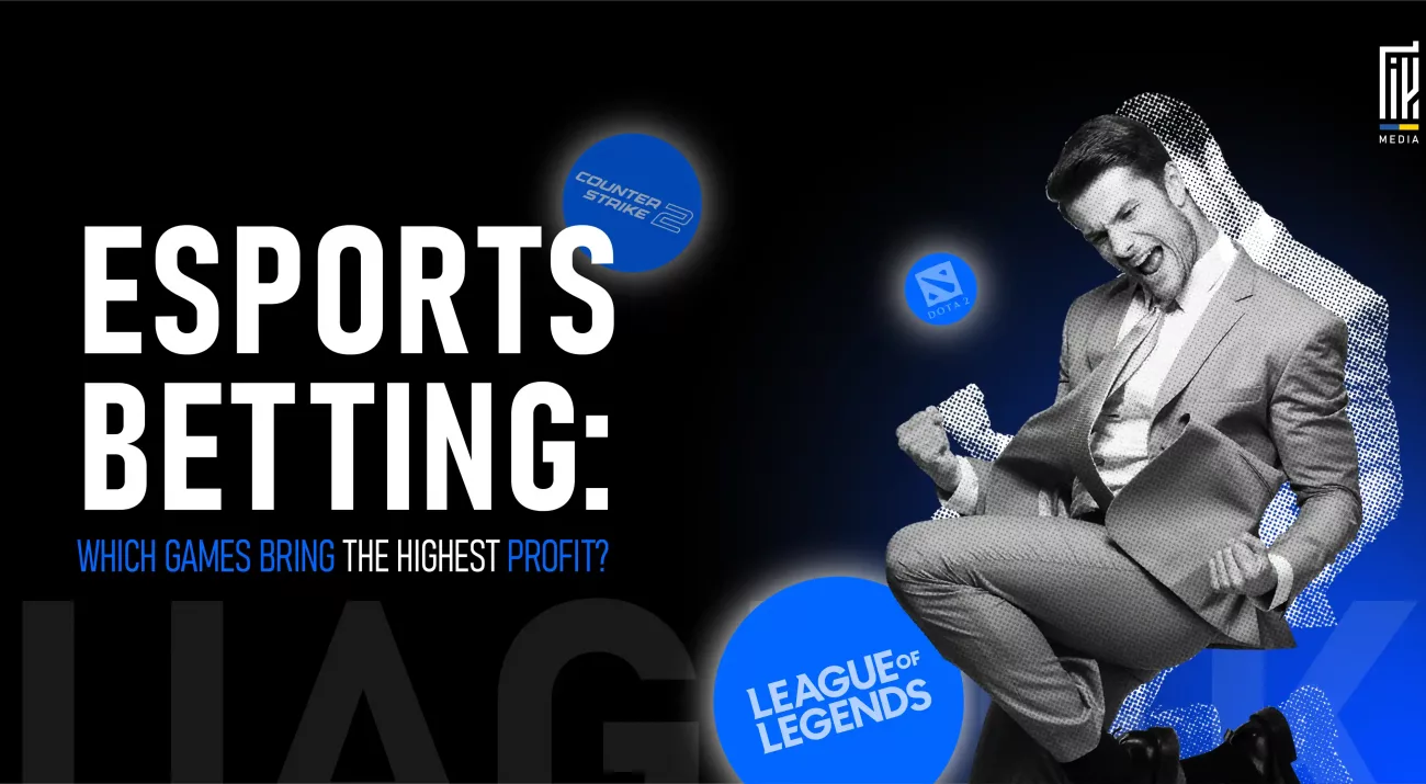 A man in a suit celebrating a win, surrounded by glowing icons of popular esports games like League of Legends, Dota 2, and Counter-Strike 2, with bold text about betting profits.