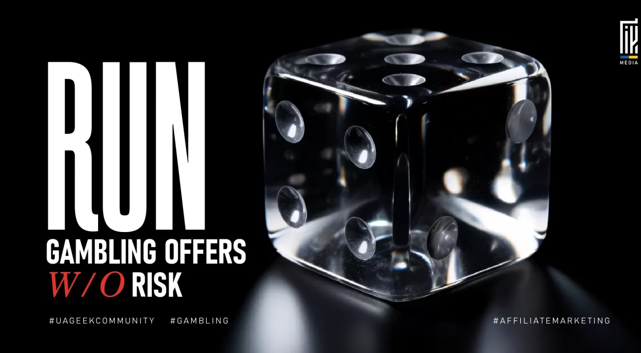 Transparent dice on a black background, symbolizing risk management in gambling affiliate marketing.
