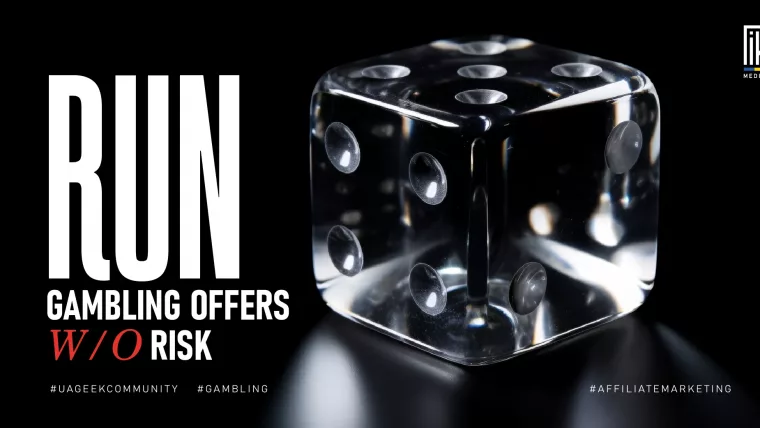 Transparent dice on a black background, symbolizing risk management in gambling affiliate marketing.