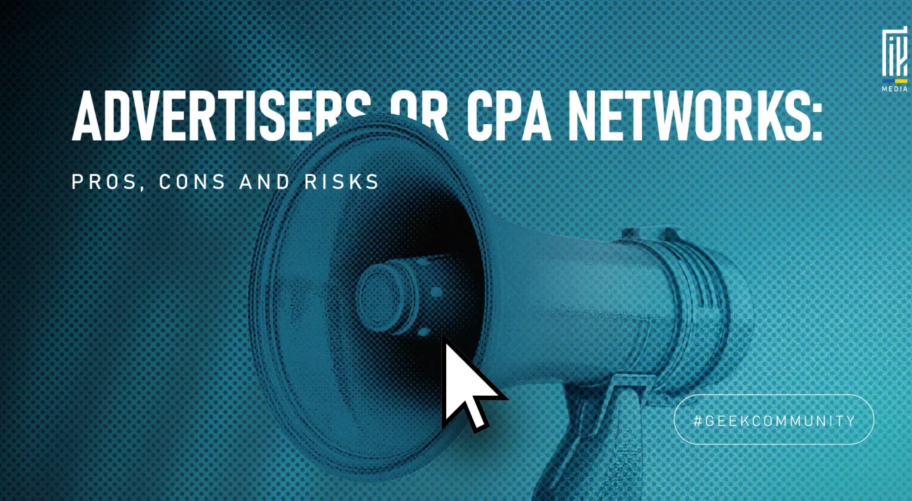 Megaphone with a cursor icon on a blue halftone background, highlighting the debate between advertisers and CPA networks.