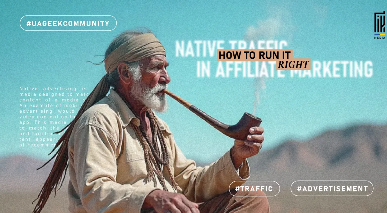 Elderly man smoking a long wooden pipe in a desert landscape, with text overlay about native traffic in affiliate marketing.